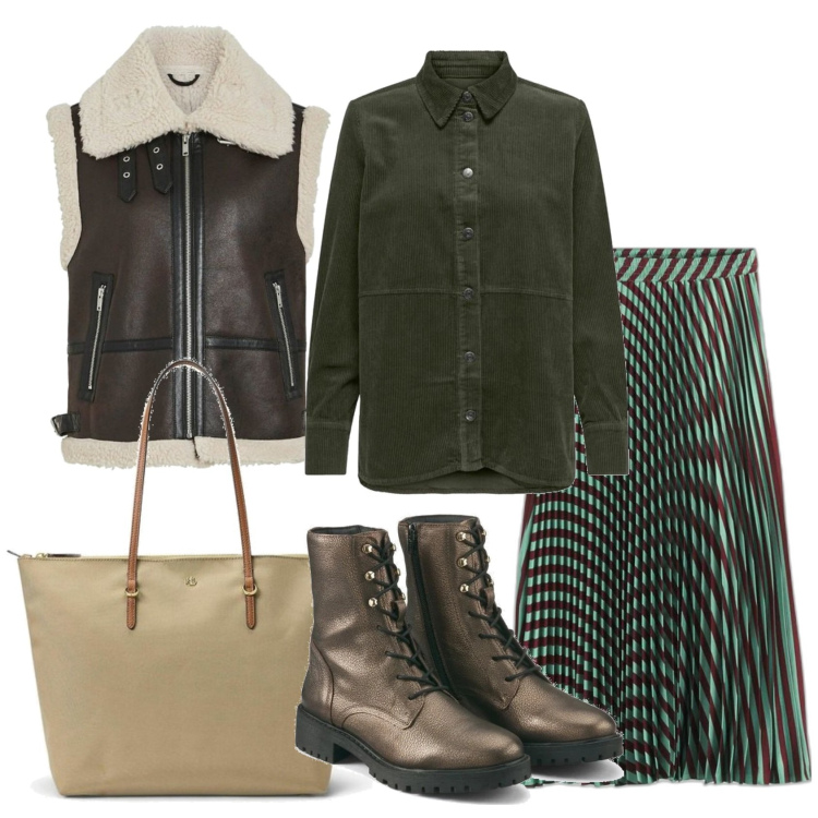 Outfit mujer - Vintage retrò #42. Estilo Vintage retrò para Oficina. Combinación con chalecos, faldas largas, camisas, bolso tote, botas.