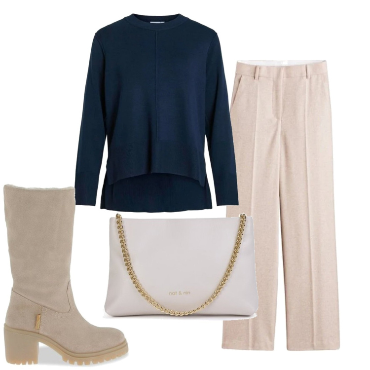 Outfit mujer - Casual chic #1125. Estilo Casual chic para Oficina. Combinación con pantalones palazzo, bandoleras, prendas de punto, botas.