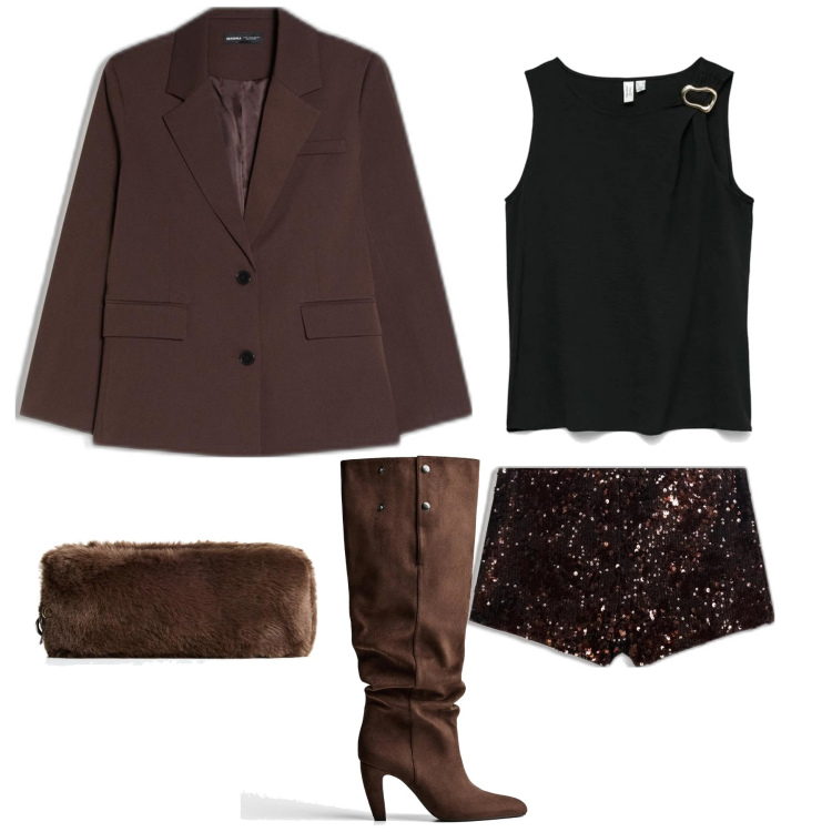 Outfit mujer - Chic #686. Estilo Chic para Noche/Fiesta elegante. Combinación con maletas, top, shorts, botas, blazers.