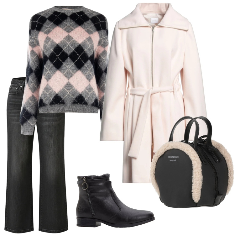 Outfit donna - Total look #2327993. Stile Casual chic per Tutti i giorni. Abbinamento con stivaletti, zaini, cappotti, maglieria, jeans.