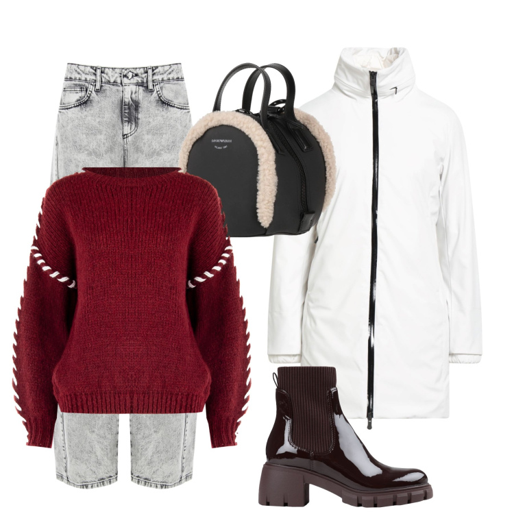 Outfit donna - Caldo color borgogna. Stile Urban per Tutti i giorni. Abbinamento con zaini, stivaletti, parka, jeans, maglieria.