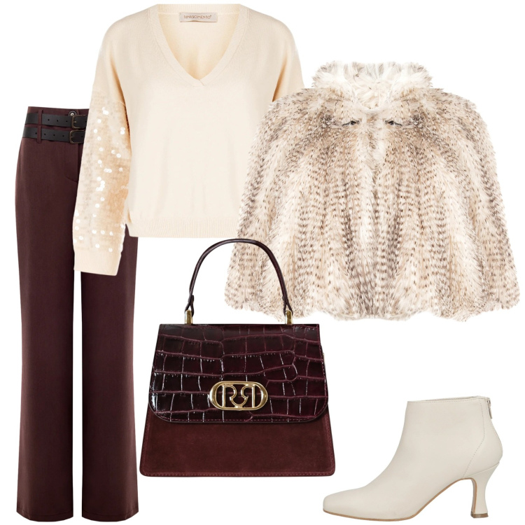 Outfit donna - A teatro. Stile Glamour per Serata fuori. Abbinamento con stivaletti, pantaloni, ecopellicce, maglieria, borse a mano.