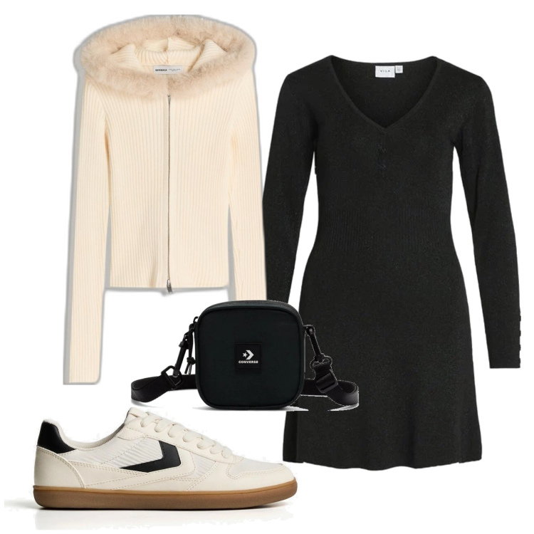 Outfit mujer - Casual #896. Estilo Casual para Todos los días. Combinación con vestidos cortos, sneakers, cárdigans, bandoleras.