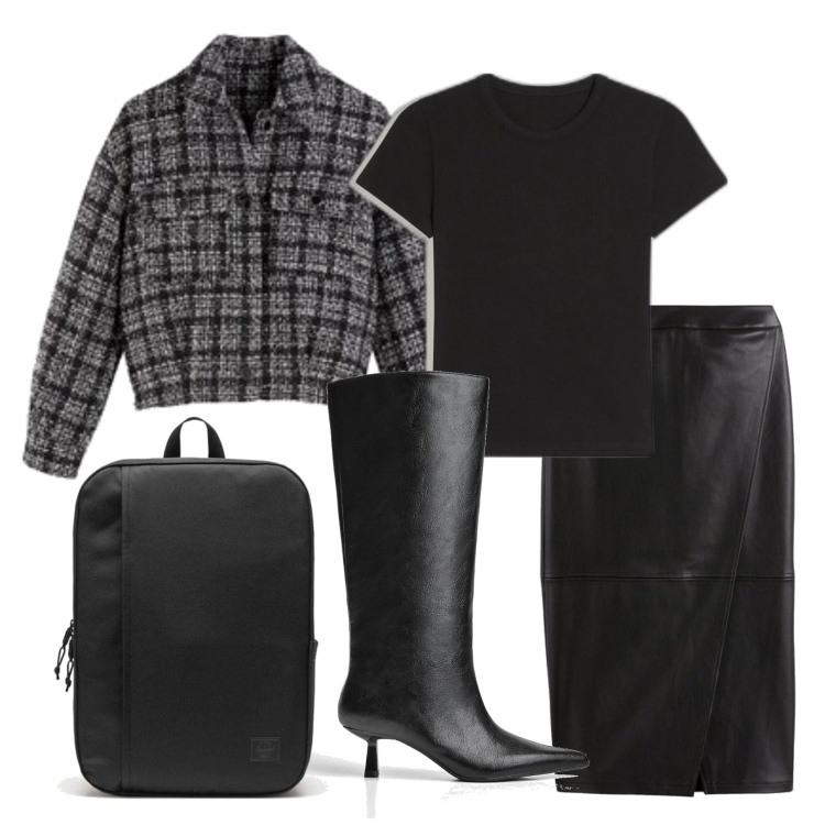 Outfit mujer - Minimal #269. Estilo Minimal para Oficina. Combinación con blazers, faldas largas, mochilas, botas, camiseta.