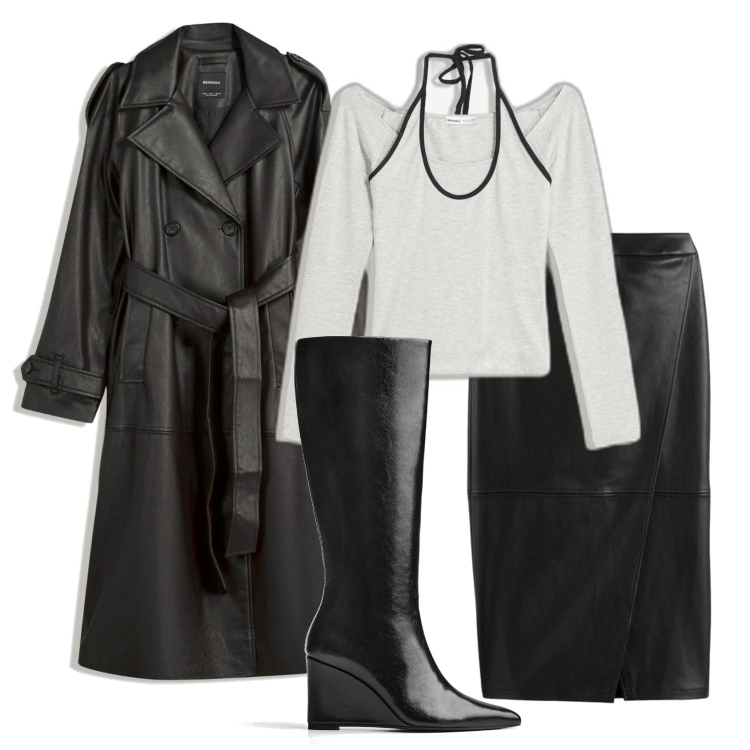 Outfit mujer - Total piel. Estilo Rock para Oficina. Combinación con faldas largas, trench, botas, camiseta.