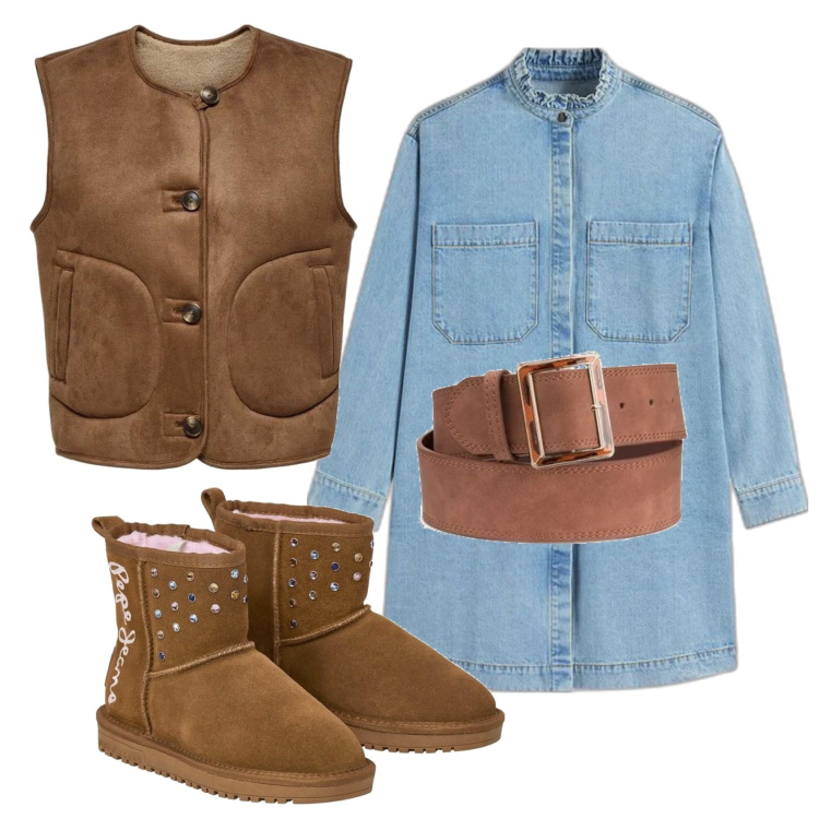 Outfit mujer - Estilo cowboy. Estilo Trendy para Todos los días. Combinación con cinturones, vestidos cortos, chalecos, botines.