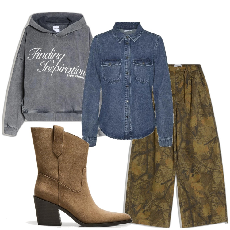 Outfit mujer - Trendy. Estilo Trendy para Todos los días. Combinación con camisas, botas cowboy, pantalones cargo, sudaderas con capucha.