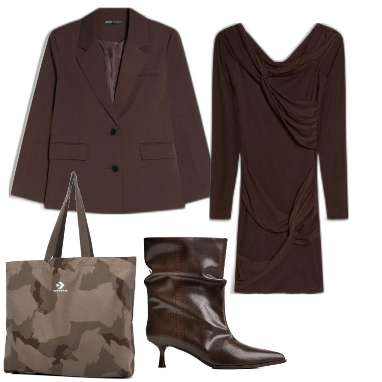 Outfit mujer - Total Brown. Estilo Casual chic para Oficina. Combinación con bolso tote, botines, blazers, vestidos cortos.