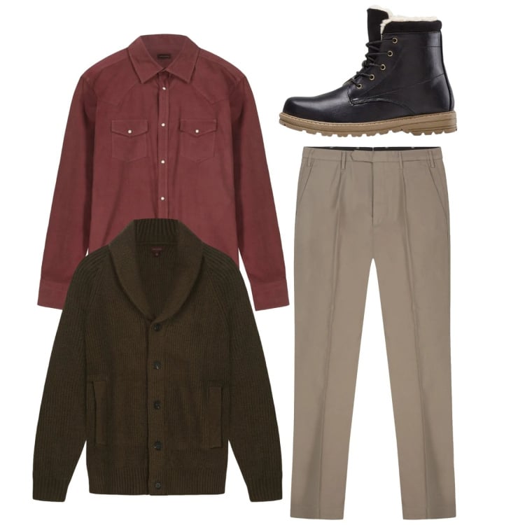 Outfit uomo - Total look. Stile Casual per Tutti i giorni. Abbinamento con stivali e stivaletti, pantaloni, camicie, cardigans.