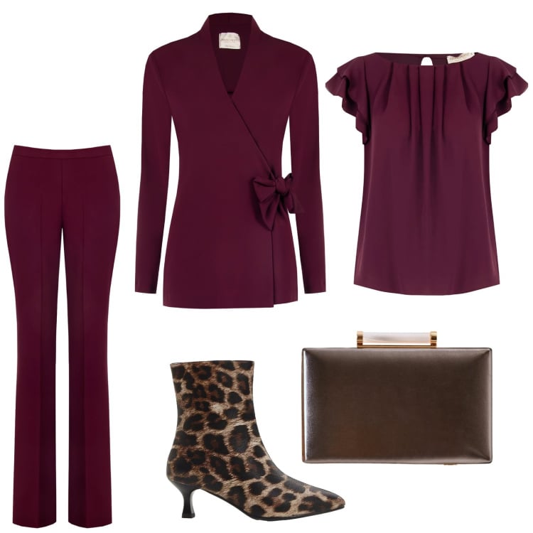 Outfit donna - Burgundy Love. Stile Chic per Serata fuori. Abbinamento con stivaletti, blazer, pantaloni, top, clutch.