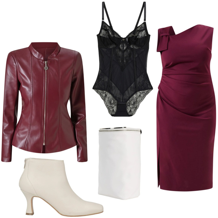 Outfit donna - Burgundy Love. Stile Sexy per Serata fuori. Abbinamento con body, stivaletti, zaini, vestiti a tubino, blazer.
