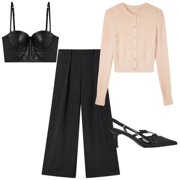 Outfit donna - San Valentino Terranova. Stile Casual chic per Serata fuori. Abbinamento con cardigans, bralette, pantaloni, décolleté.