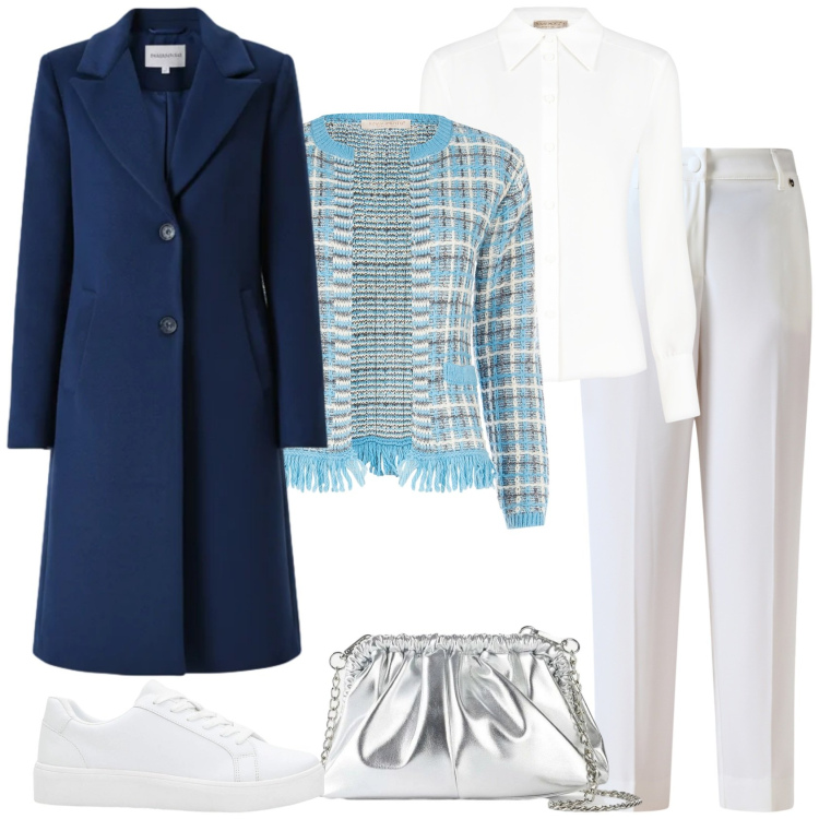 Outfit donna - Bianco e blu. Stile Casual chic per Ufficio. Abbinamento con sneakers, borse a tracolla, pantaloni, camicie, blazer, cappotti.
