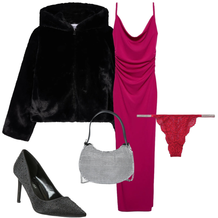 Outfit donna - San Valentino Terranova. Stile Chic per Serata fuori. Abbinamento con décolleté, borse a spalla, culotte, ecopellicce, vestiti lunghi.