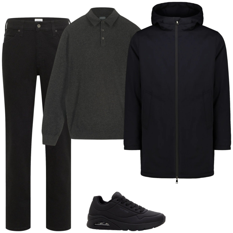 Outfit uomo - Giornata nera. Stile Casual per Tutti i giorni. Abbinamento con sneakers, jeans dritti, parka, maglieria.