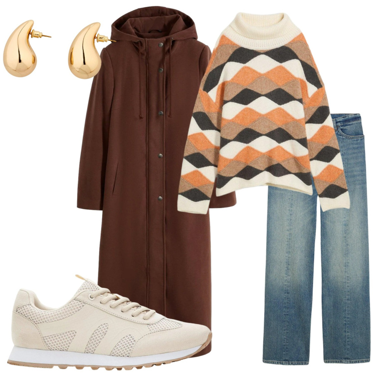 Outfit donna - Inverno morbido. Stile Basic per Tutti i giorni. Abbinamento con cappotti, orecchini, sneakers, jeans dritti, maglieria, borse a spalla.