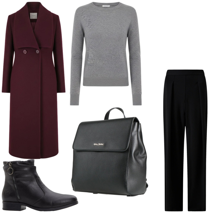 Outfit donna - Burgundy outfit ideas. Stile Casual chic per Tutti i giorni. Abbinamento con stivaletti, zaini, pantaloni, cappotti, maglieria.