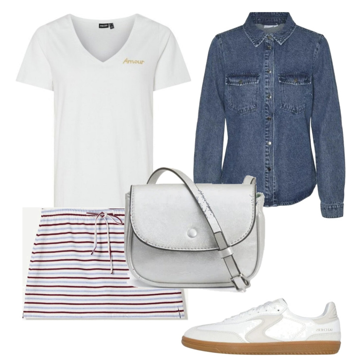 Outfit mujer - Casual look. Estilo Casual para Todos los días. Combinación con camisas, sneakers, faldas, camiseta, bolsos de mano.
