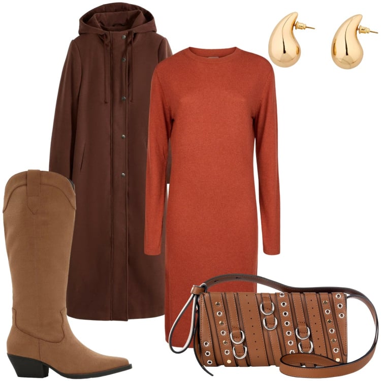 Outfit donna - Abito in maglia per la giornata. Stile Trendy per Tutti i giorni. Abbinamento con orecchini, stivali, cappotti, borse a spalla, vestiti midi/longuette.