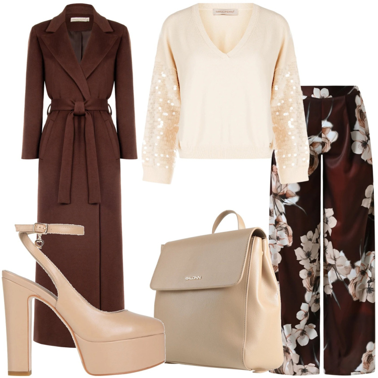 Outfit donna - Invitata elegante. Stile Glamour per Serata fuori. Abbinamento con décolleté, zaini, pantaloni a palazzo, cappotti, maglieria.