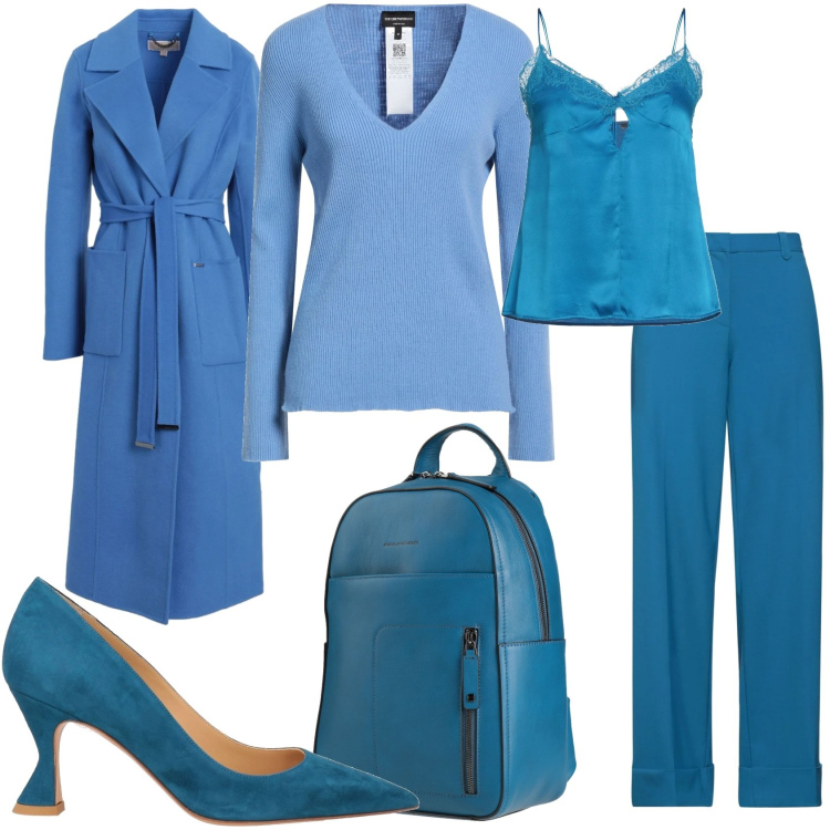 Outfit donna - La giornata in blu. Stile Glamour per Tutti i giorni. Abbinamento con décolleté, zaini, pullovers, pantaloni, cappotti, top.