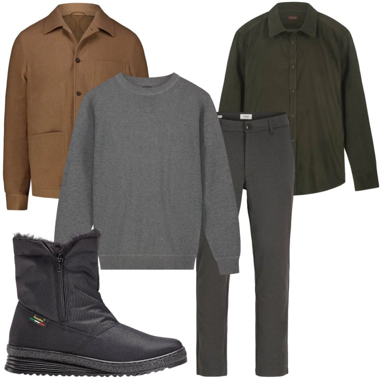 Outfit uomo - Giorno in città. Stile Trendy per Tutti i giorni. Abbinamento con stivali e stivaletti, pantaloni chino, maglieria, cappotti, camicie.