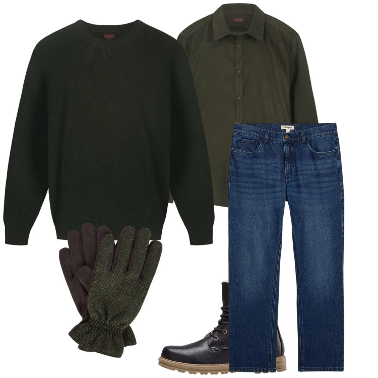 Outfit uomo - Total look #2328100. Stile Casual per Tutti i giorni. Abbinamento con stivali e stivaletti, jeans dritti, guanti, camicie, maglieria.