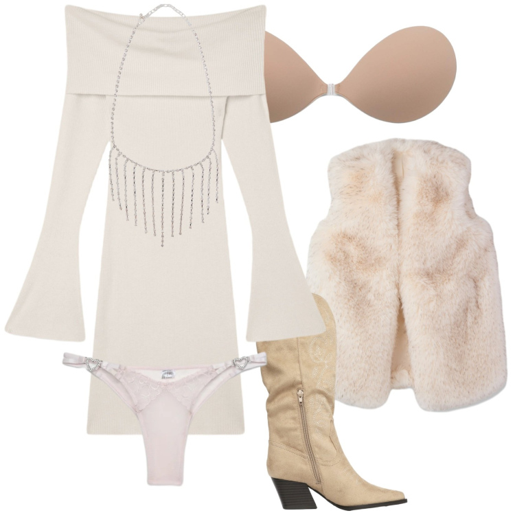 Outfit donna - Pronta per San Valentino. Stile Sexy per Serata fuori. Abbinamento con collane, reggiseni a balconcino, vestiti corti, piumini, stivali, perizomi.