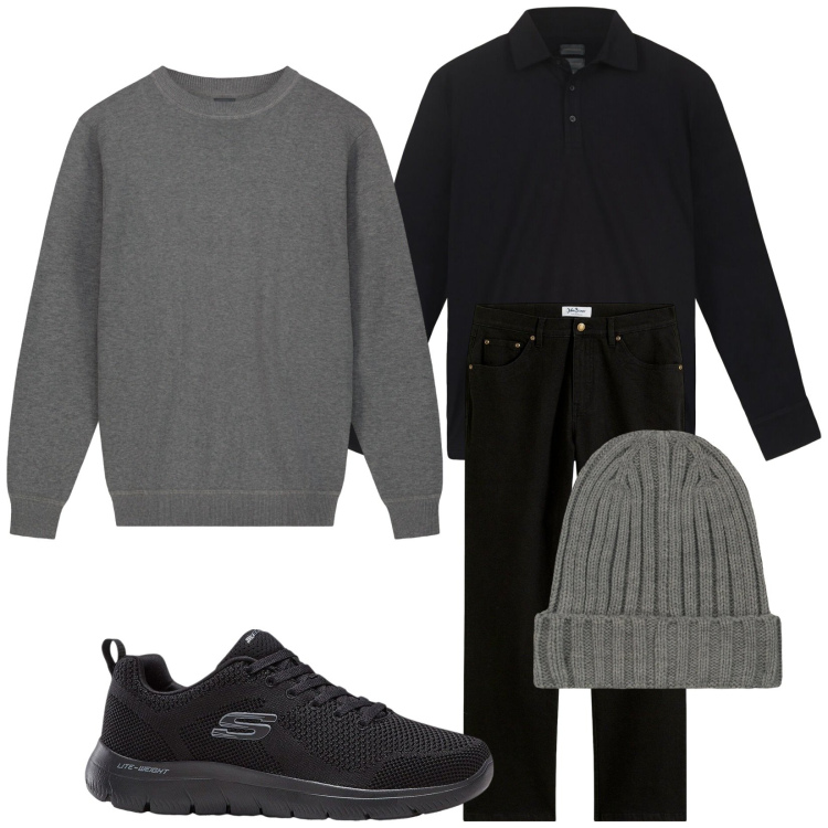 Outfit uomo - Grigio e nero. Stile Casual per Tutti i giorni. Abbinamento con jeans dritti, sneakers, polo, maglieria, berretti.