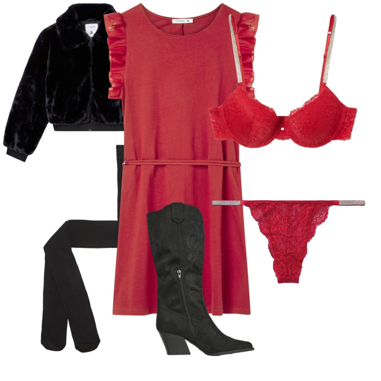 Outfit donna - Passion. Stile Sexy per Serata fuori. Abbinamento con collant, vestiti, culotte, ecopellicce, reggiseni a balconcino, stivali.