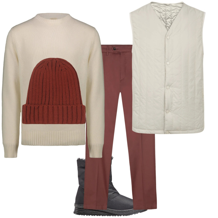 Outfit uomo - Total look #2328109. Stile Casual per Tutti i giorni. Abbinamento con stivali e stivaletti, piumini, pantaloni chino, berretti, maglieria.