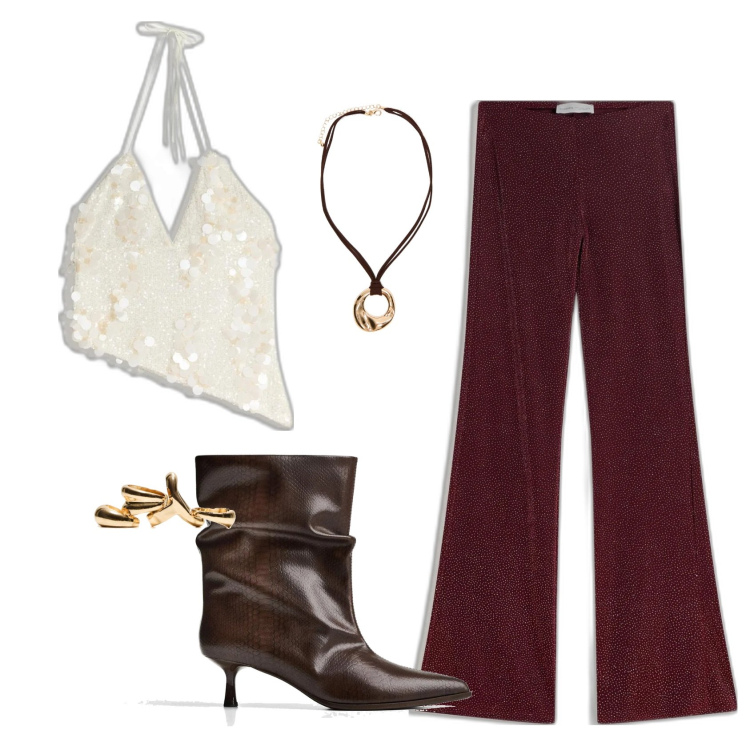 Outfit mujer - Front disco to disco. Estilo años 70 para Noche/Fiesta elegante. Combinación con botines, top, pantalones, colgantes, anillos.