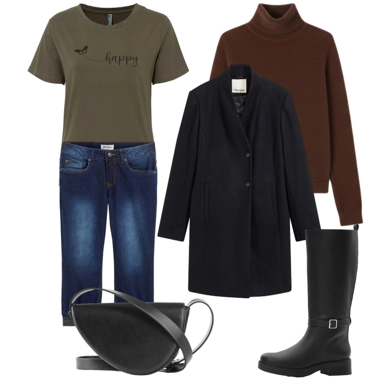 Outfit donna - Total look #2328111. Stile Casual per Tutti i giorni. Abbinamento con jeans dritti, t-shirt, borse a tracolla, stivali, cappotti, pullovers.