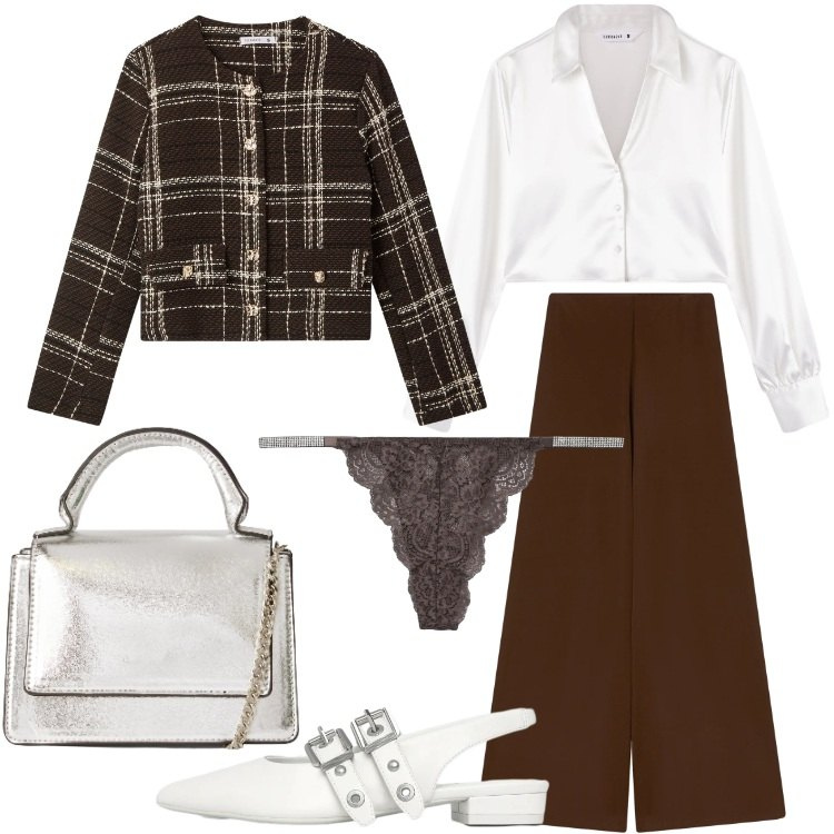 Outfit donna - Terranova - San Valentino. Stile Bon Ton per Serata fuori. Abbinamento con blazer, borse a tracolla, camicie, pantaloni, ballerine, culotte.
