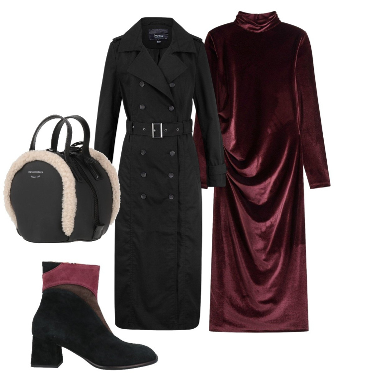 Outfit donna - Serata glamour. Stile Glamour per Serata fuori. Abbinamento con trench, vestiti midi/longuette, zaini, stivaletti.