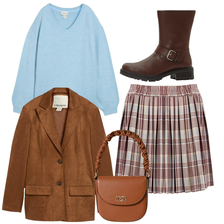 Outfit donna - Pieghe tartan. Stile Preppy per Scuola/Università. Abbinamento con blazer, maglieria, stivali, minigonne, borse a mano.