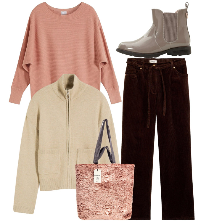 Outfit donna - Total look. Stile Bon Ton per Tutti i giorni. Abbinamento con maglieria, stivaletti chelsea, pantaloni, cardigans, borse tote.