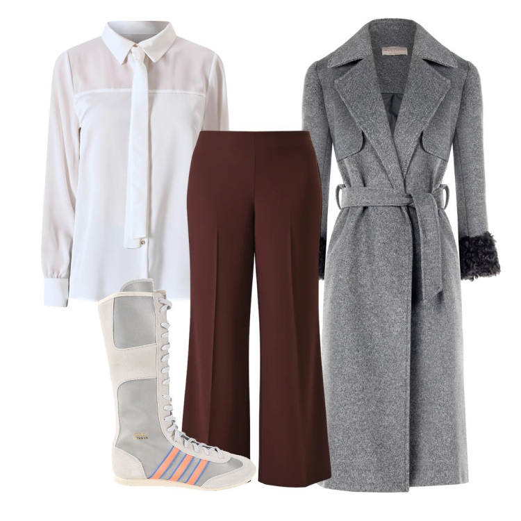 Outfit donna - Comoda e femminile. Stile Sporty chic per Ufficio. Abbinamento con stivali, camicie, cappotti, pantaloni a palazzo.