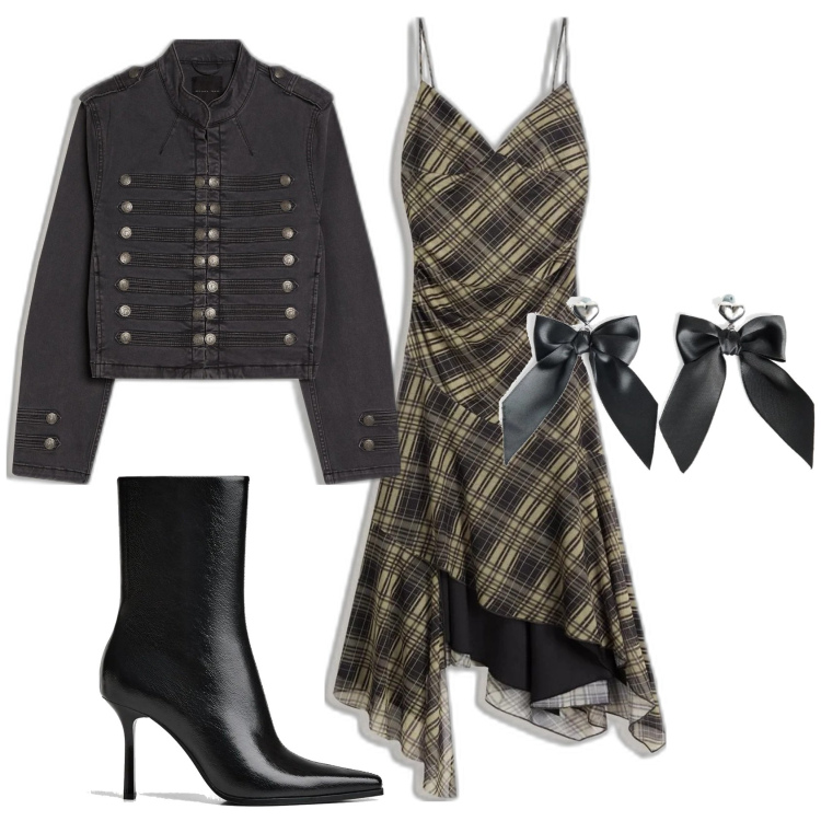 Outfit mujer - Preppy #100. Estilo Preppy para Noche/Fiesta elegante. Combinación con vestidos midi/longuettes, pendientes, botines, blazers.