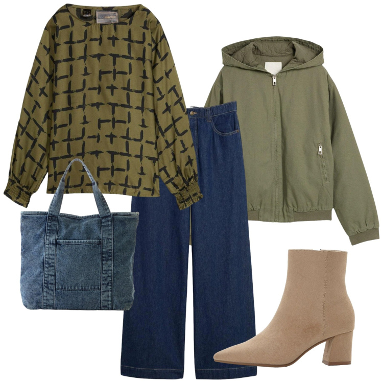 Outfit donna - Verde muschio e jeans. Stile Casual chic per Tutti i giorni. Abbinamento con shopping bag, blazer, stivaletti, bluse, jeans dritti.