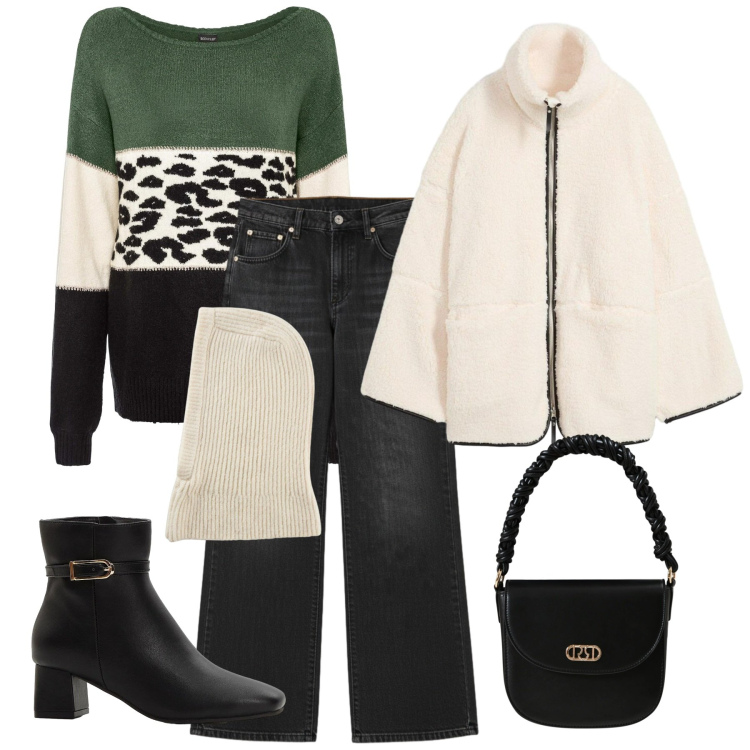 Outfit donna - Un giorno casual. Stile Casual per Tutti i giorni. Abbinamento con maglieria, stivaletti, blazer, scaldacollo, borse a mano, pantaloni.