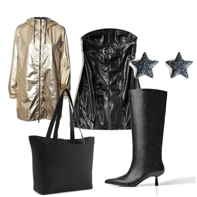 Outfit mujer - Rock #80. Estilo Rock para Noche/Fiesta elegante. Combinación con trench, bolso tote, botas, vestidos cortos, pendientes.