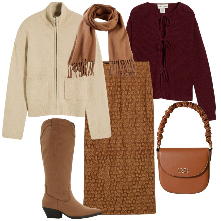 Outfit donna - Wood mood. Stile Bon Ton per Tutti i giorni. Abbinamento con cardigans, sciarpe, cardigans, gonne lunghe, stivali, borse a mano.