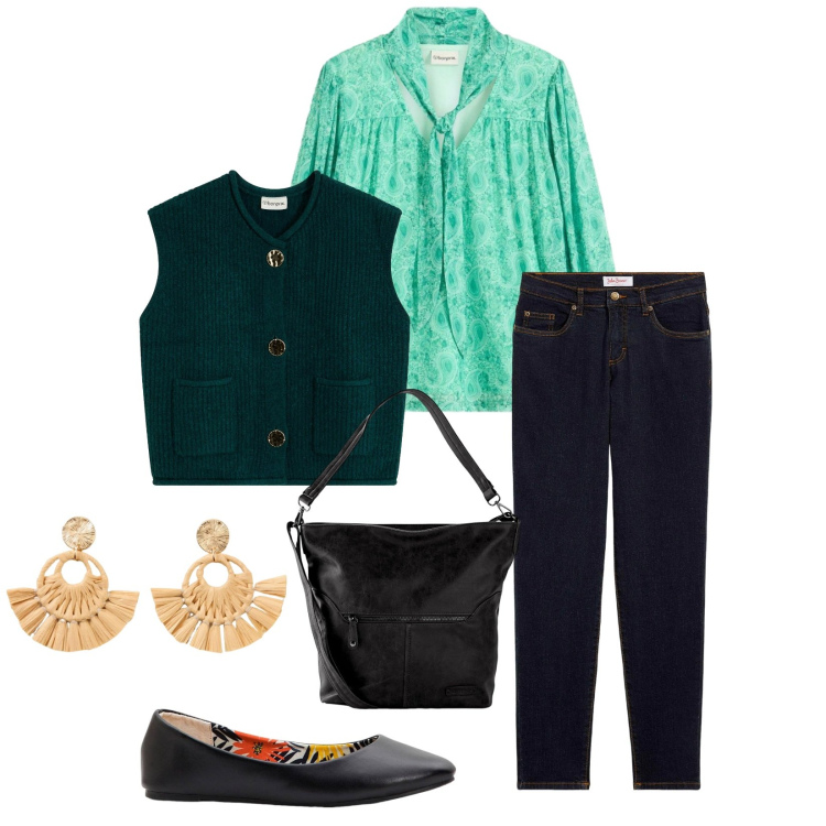 Outfit donna - Total look #2328150. Stile Casual per Tutti i giorni. Abbinamento con jeans mom, ballerine, borse a spalla, orecchini, bluse, maglieria.