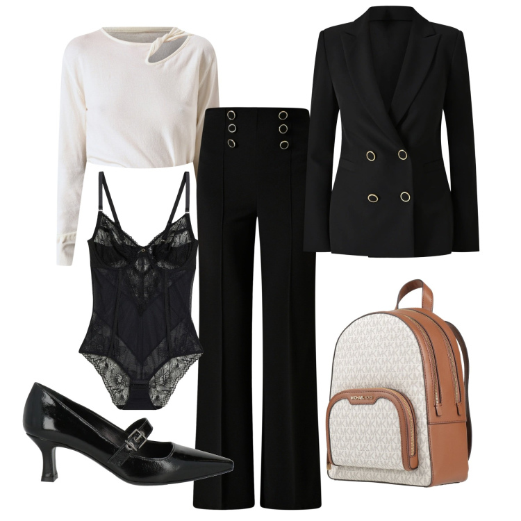 Outfit donna - Completo da riunione. Stile Chic per Ufficio. Abbinamento con body, décolleté, zaini, pantaloni, blazer, maglieria.