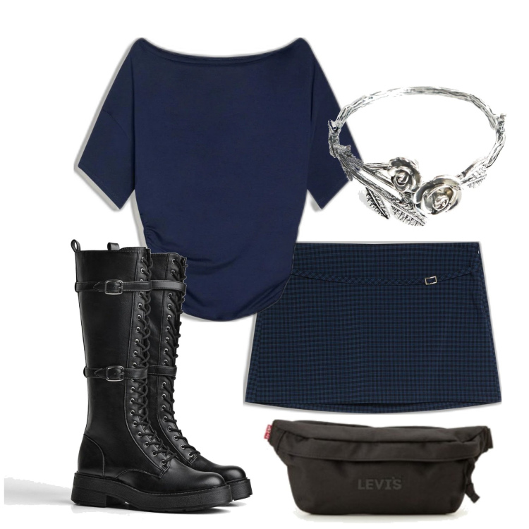 Outfit mujer - Preppy #101. Estilo Preppy para Escuela/Universidad. Combinación con riñoneras, botas, pulseras, faldas, camiseta.