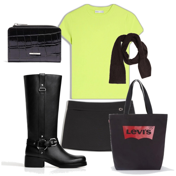 Outfit mujer - Preppy #102. Estilo Preppy para Escuela/Universidad. Combinación con bolso tote, botas, monederos, bufandas, camiseta, faldas.