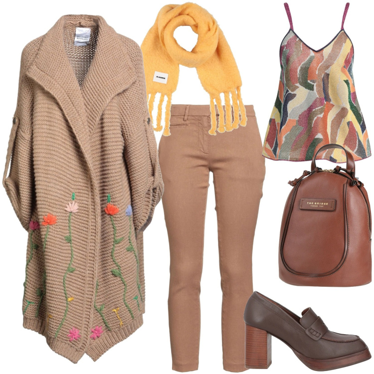 Outfit donna - Outfit made with Love. Stile Casual per Tutti i giorni. Abbinamento con cardigans, zaini, top, pantaloni, mocassini, sciarpe.