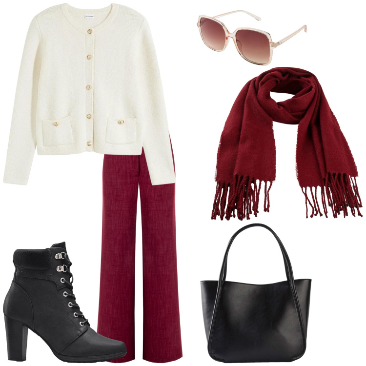 Outfit donna - Burgundy casual. Stile Casual chic per Tutti i giorni. Abbinamento con stivaletti, sciarpe, shopping bag, occhiali da sole, cardigans, pantaloni.