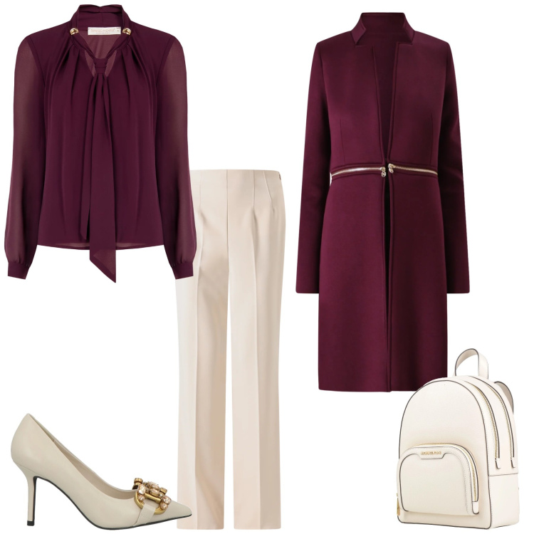 Outfit donna - Eleganza in burgundy. Stile Chic per Tutti i giorni. Abbinamento con zaini, décolleté, pantaloni a palazzo, bluse, cappotti.